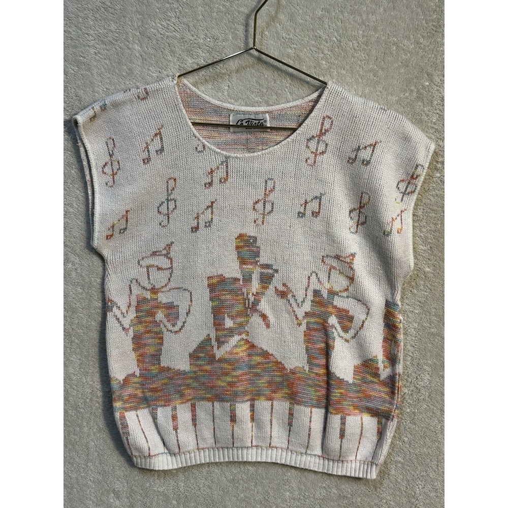 Vintage Boho All Over Print Knit Sweater  Sleeveless Piano Music Pastel La Vista